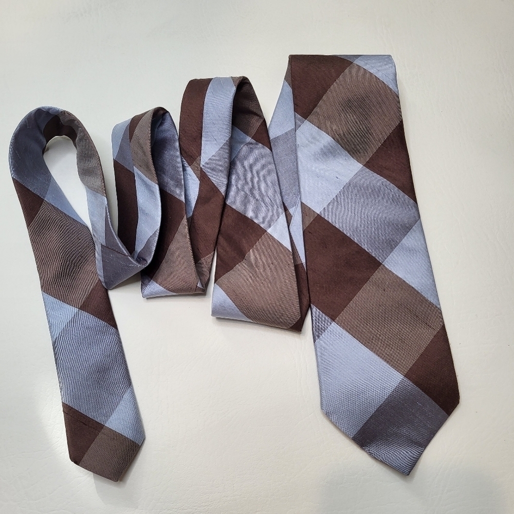 Peter Millar neck tie light blue brown plaid 100% shantung silk - Picture 4 of 6